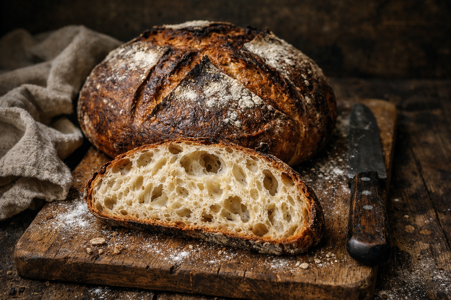 Upieczony bochenek chleba na zakwasie na kratce chłodzącej